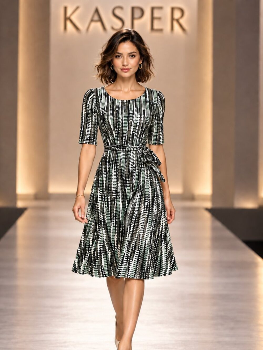 Kasper Petite Green Abstract Belted Fit & Flare Dress 4P NWT